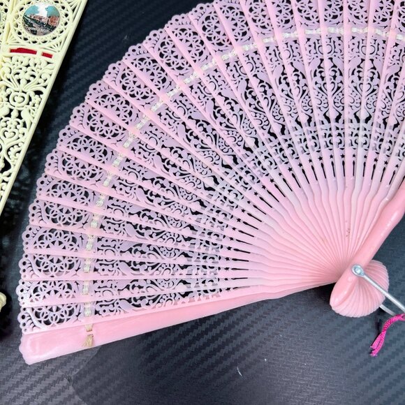 Vintage Pink & Ivory Souvenir Celluloid Plastic Lace Folding Hand Fans SET OF 2 - Picture 3 of 12